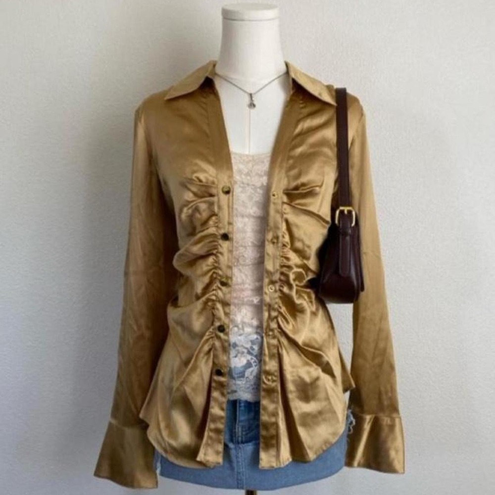 Y2K Cache Gold Silk Satin Ruched Long Sleeve Button Down Blouse
